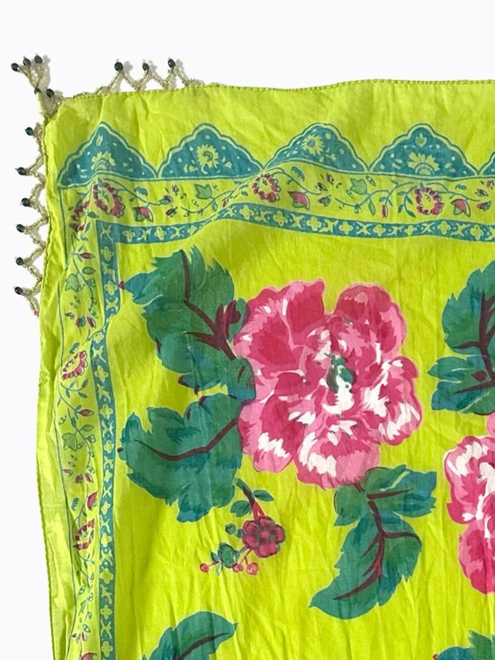 Vtg Graham Kandiah NY Floral Lime Green Pink Cotton Scarf Beaded Wrap Sarong Y2K